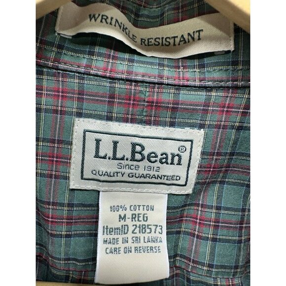 LL Bean Wrinkle Resistant Plaid Shirt Medium Green Cabin Dress Casual Holiday - Picture 3 of 5